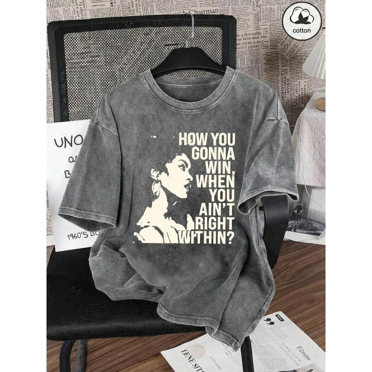 Vintage Washed Black Cotton Tee, How You Gonna Win Quote Portrait Print T-Shirt, Women Retro Distressed Short Sleeve, Casual Oversized Streetwear Top