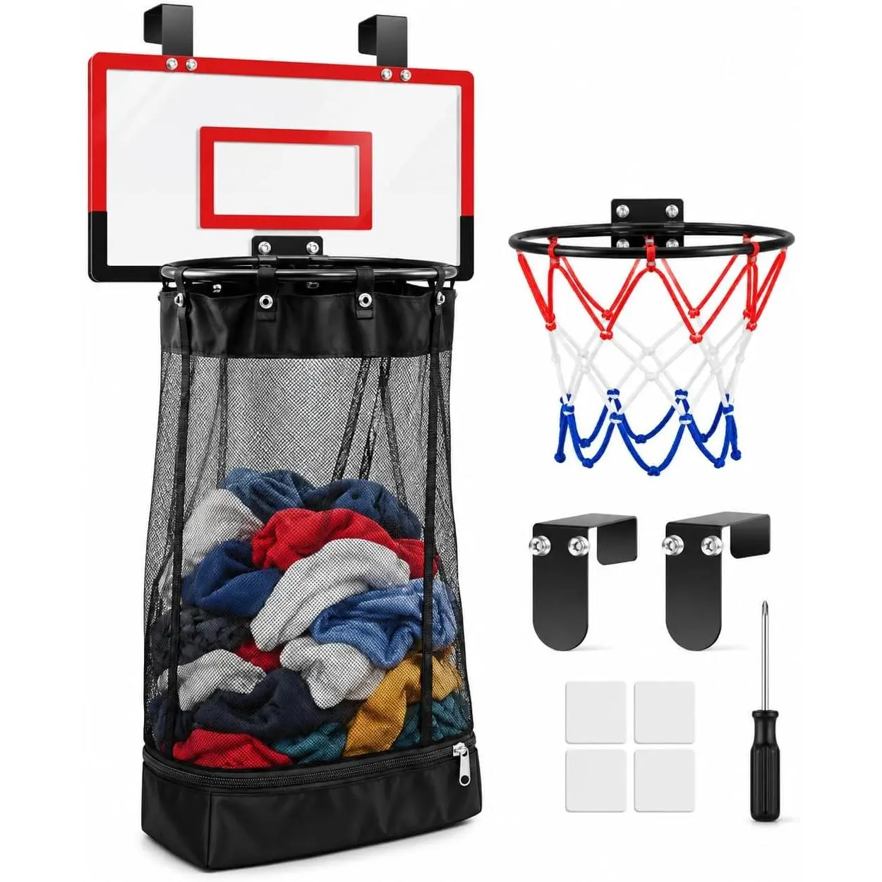 Neon Dunk Laundry Basket, 2 in 1 Basketball Laundry Hamper with Over the Door Hoop, Space Saving Laundry Organizer for Dorm Room, Bedroom and Bathroom