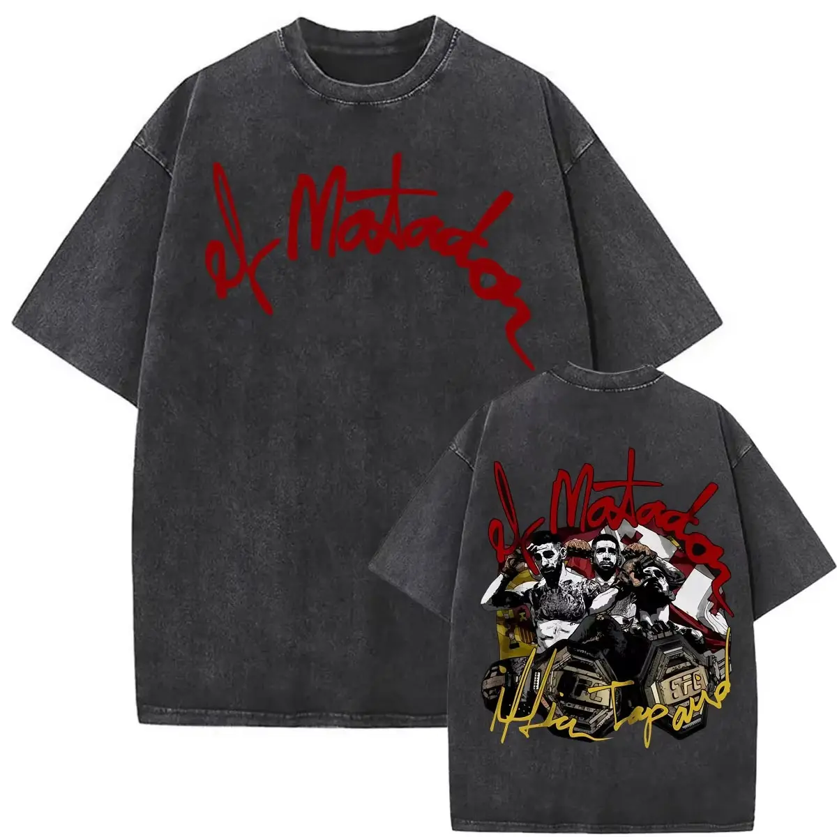 Ilia Topuria El Matador Graphic Tee, Vintage Washed Cotton T-Shirt, Oversized Streetwear T-Shirts Tee Fight Style Casual Short Sleeve Top
