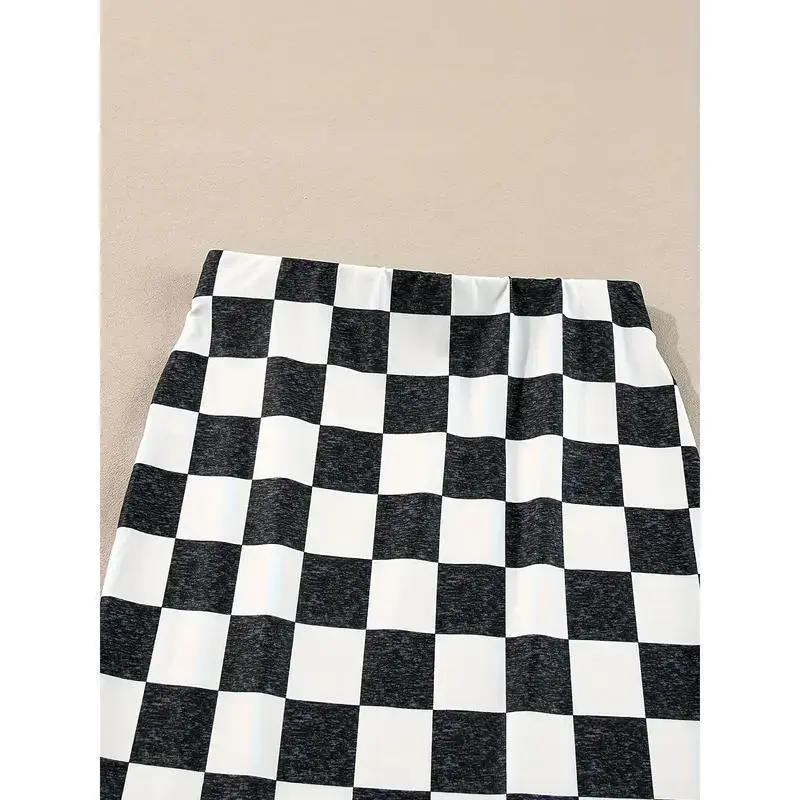 Elegant Women's Checkered Midi Skirt with Side Slit - Slimming, Casual Style in Black & White, Perfect for Fall, Machine Washable, Print, A-line, Autumn(Sheets)