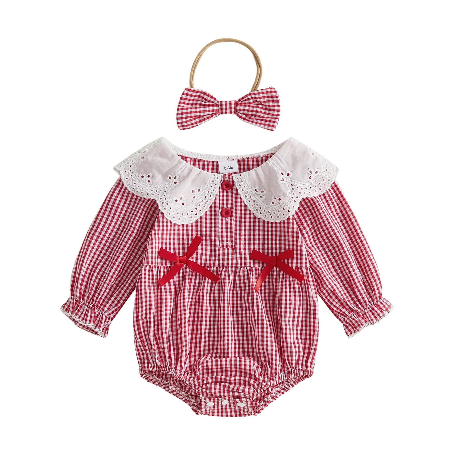 Babamoon Newborn Infant Baby Girl Plaid Print Puff Long Sleeve Doll Collar Bubble Romper with Headband, 0-18M (Baby Bodysuit & 1-Piece)