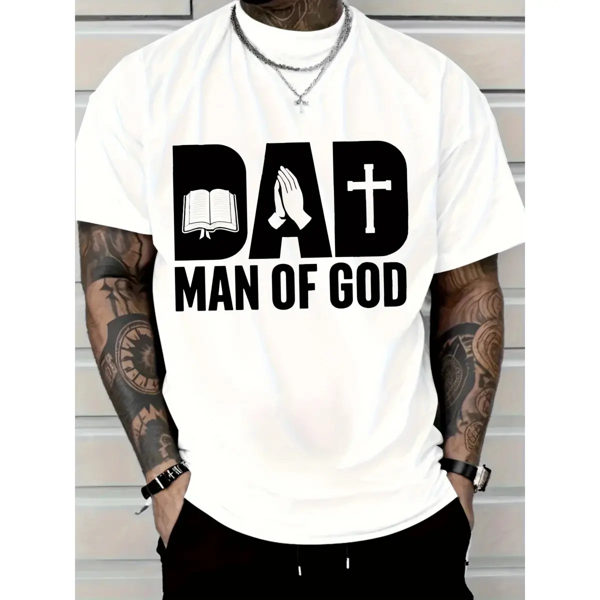 Men's Christian Faith-Based T-Shirt - Dad for Man of God Bold Print with Bible & Cross Graphic - Soft Religious Apparel - Father's Day Gift for Pastor, Priest, Religious Dad - Machine Washable White Tee with Black Lettering - Everyday Church Wear