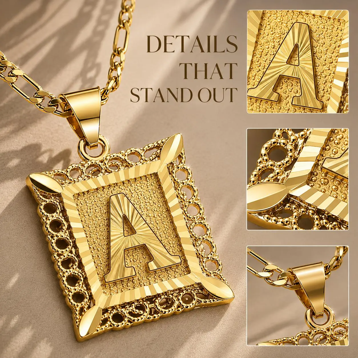 18K Gold Plated Square A-Z Initial Pendant Necklace, Personalized Square Capital Monogram Exquisite Letter Pendant Classic Figaro Chain Necklace Jewelry Festivals, Birthdays, and Special Occasions Holiday Gift