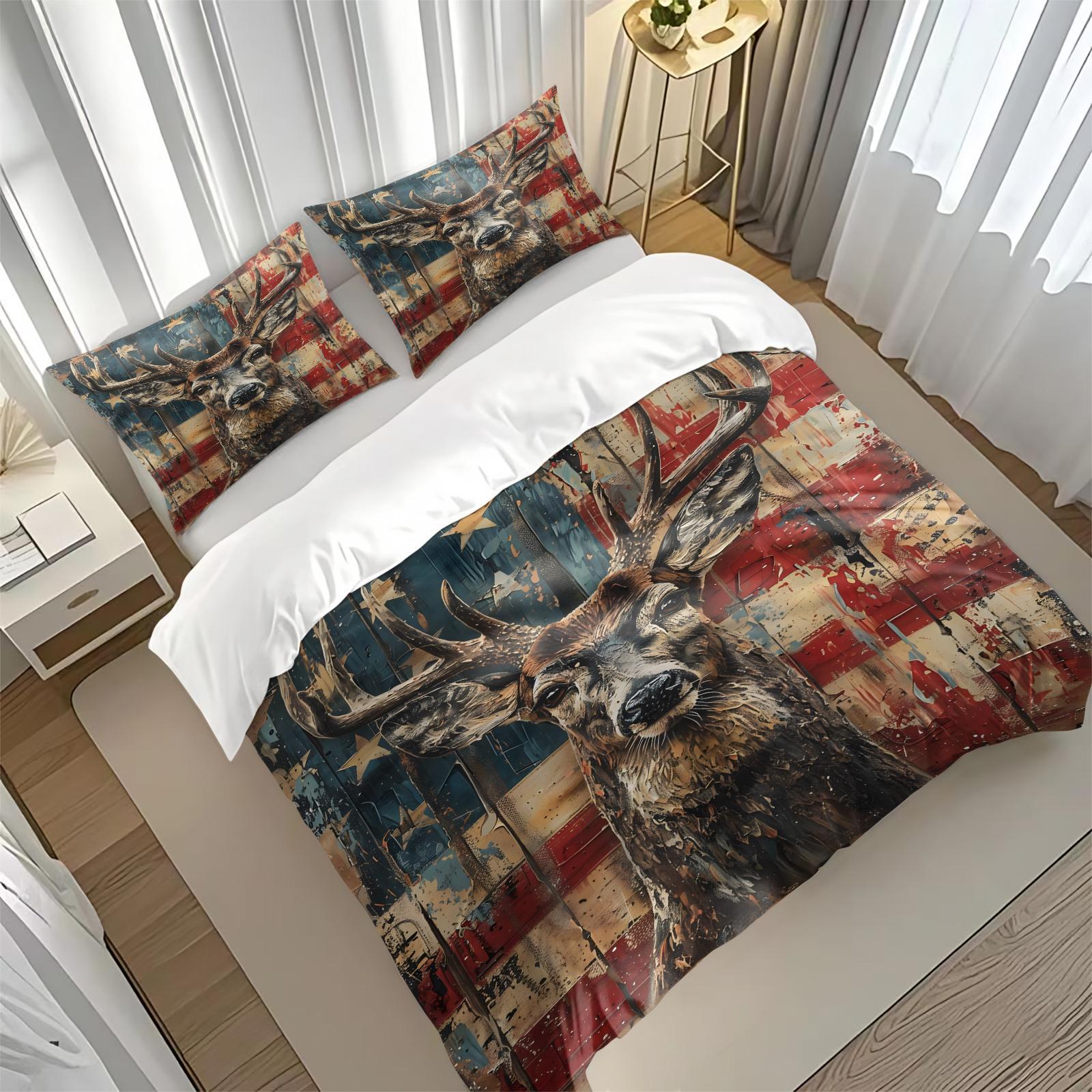 Deer & Flag Pattern Bedding Set, 1 Count Bedspread & Pillowcase without Filler, Soft Comfortable Bedding Set for Home Bedroom