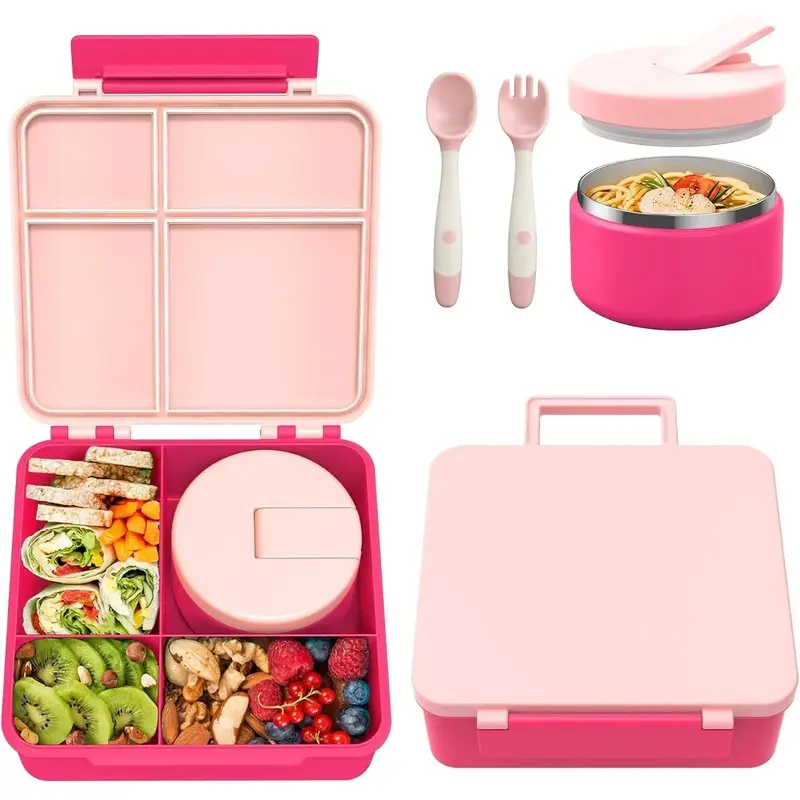 Lunch Box with 8oz Soup Thermo, Leakproof Lunch Food Containers with 4 Compartment, Thermo Insulated Hot Food Jar for School, Trvael