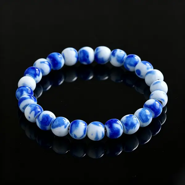 Handmade Blue and White Reactive Glaze Ceramic Round Beaded Bracelet - Artisan Jewelry lucky gift