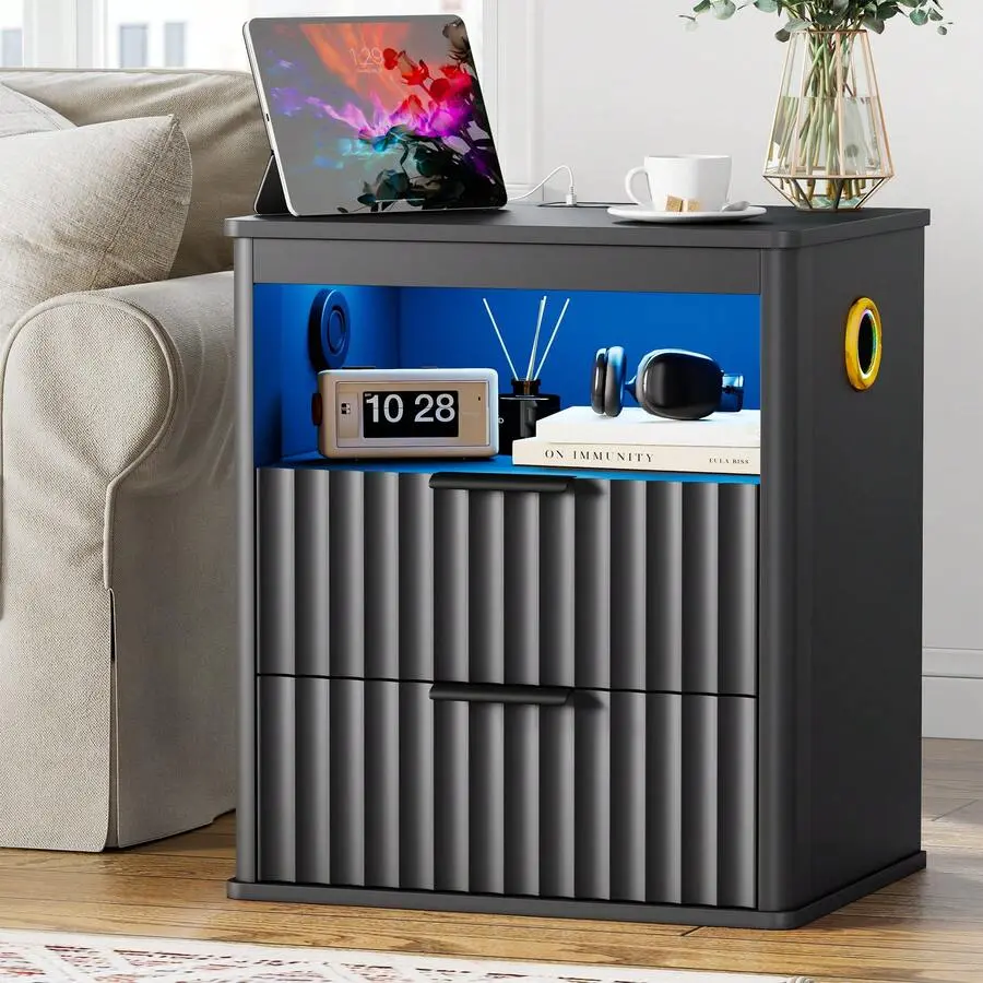 Fluted Nightstand With - Bluetooth Speakers,19.7" W LED Smart Night Stand With Charging Station,2 Drawers And Human Senor Lights,Modern Bedside Table & End Tables Bedroom