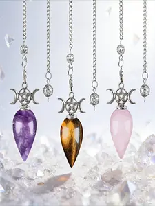 3Pcs/set natural crystal pendulum pendant with chain three-phase monthly water drop pendulum, yoga meditation adjustable frequency natural stone pendulum, amethyst, tiger eye, powder crystal, perfect gift for wisdom, wealth, love