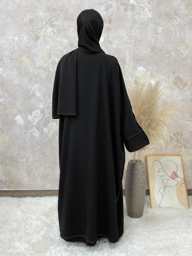 Arabic Clothing-Solid Contrast Binding Belted Abaya With Hijab Without Inner Dress, Modest Batwing Sleeve Open Front Abaya, Summer Outfits 2024, Women's Islamic Clothing for Spring & Fall, Dressy Abayas Arabic Clothing-Solid Contrast Binding Belted Abaya With Hijab Without Inner Dress, Modest Batwing Sleeve Open Front Abaya, Summer Outfits 2024, Women's Islamic Clothing for Spring & Fall, Dressy Abayas