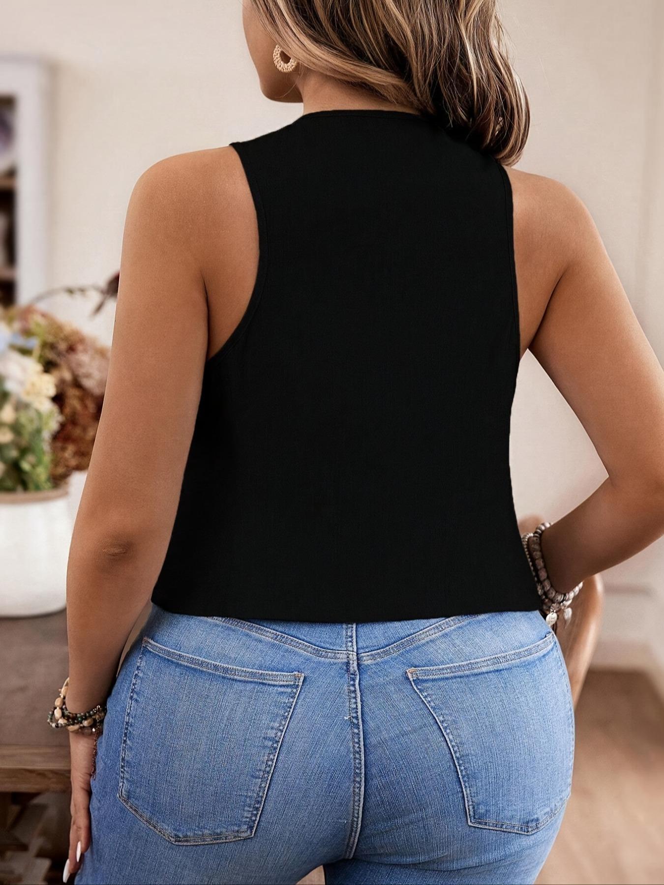 Plus Size Solid Color Vneck Vest, Minimalist Fitted Vest, Casual Basic Fitted Sleeveless Outerwear for Daily Wear, Women's Plus Clothing for All Seasons, Black Button Front Vest, Blazer Vest, Casual Comfy Vest