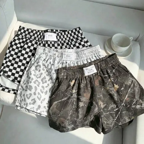 Women's Summer Leopard and Plaid Print Athleisure, Comfortable Loose-Fit Athletic Bottoms for Yoga and Daily Activities, Fashionable Shorts