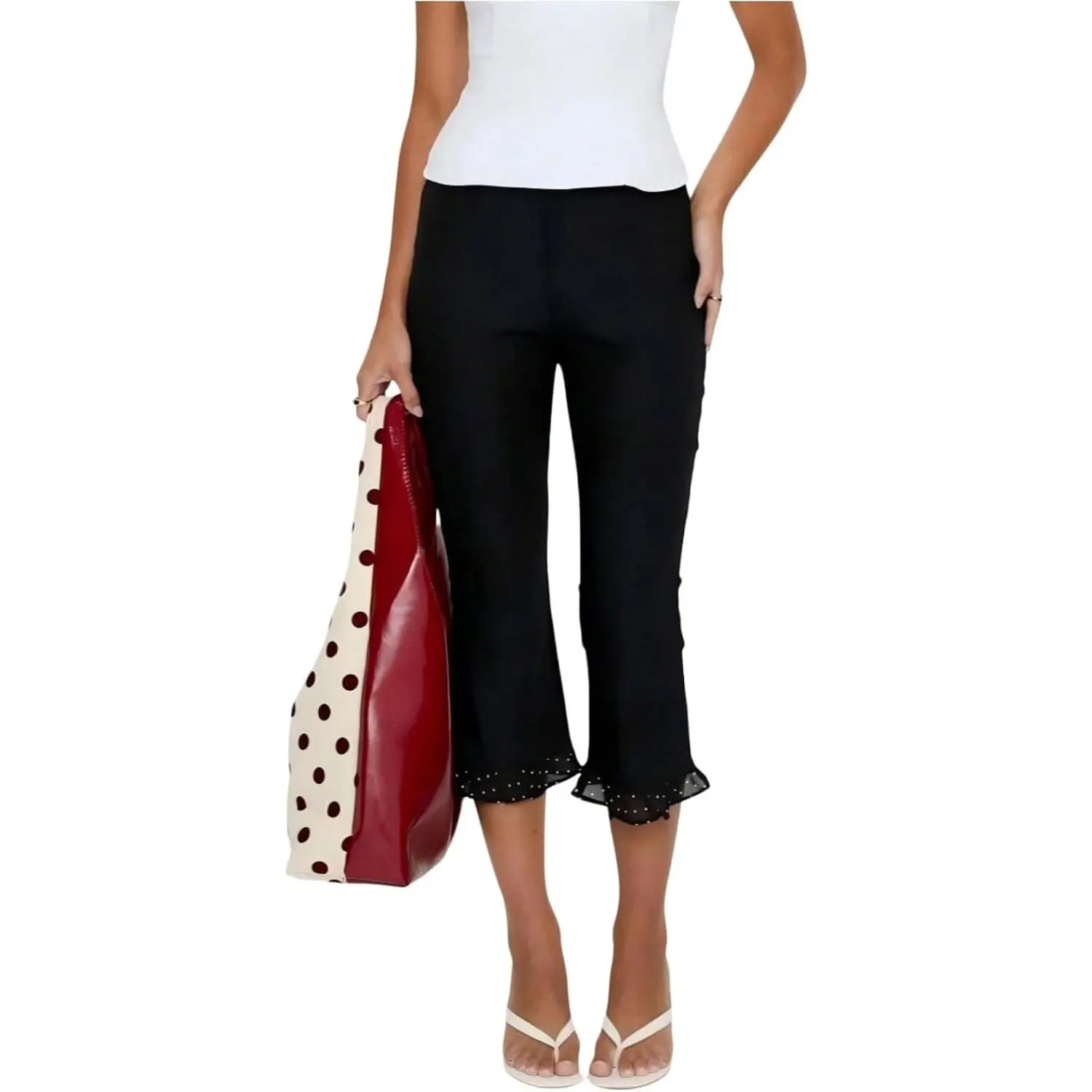 Verdusa Women's Capri Pants Ruffle Flare Leggings Polka Dots High Rise Stretchy Pants