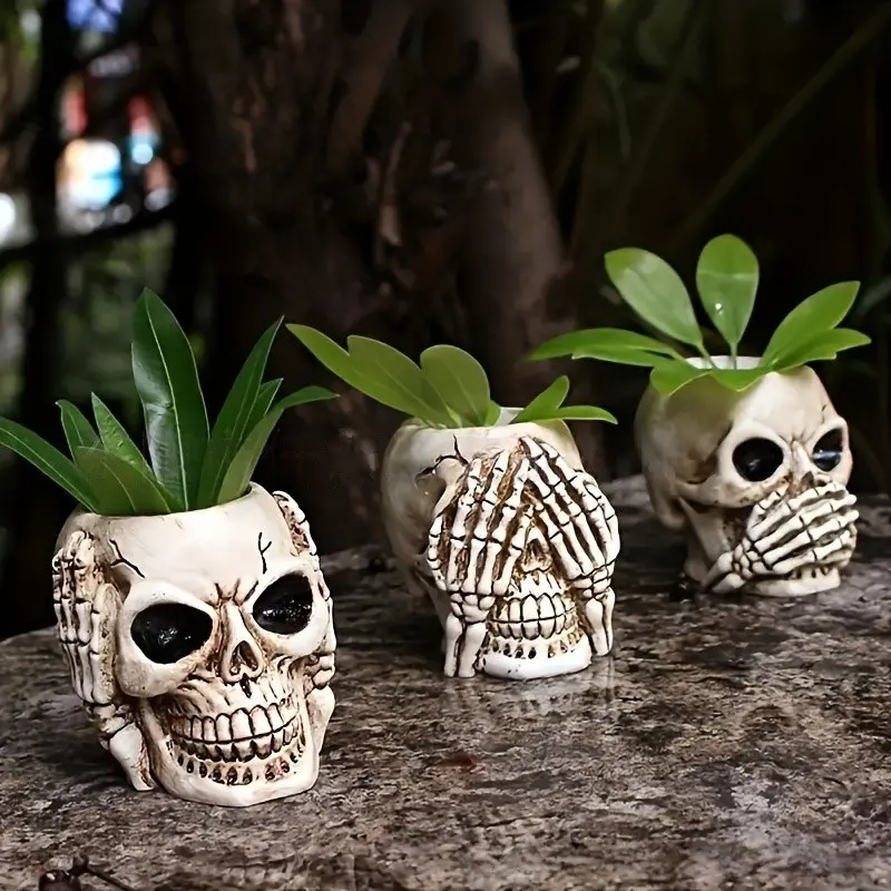 3-Piece Gothic Skull Planter Set, Resin Skeleton Flower Pots, Halloween Desk Decor, Ideal for Indoor Mini Cacti Plants