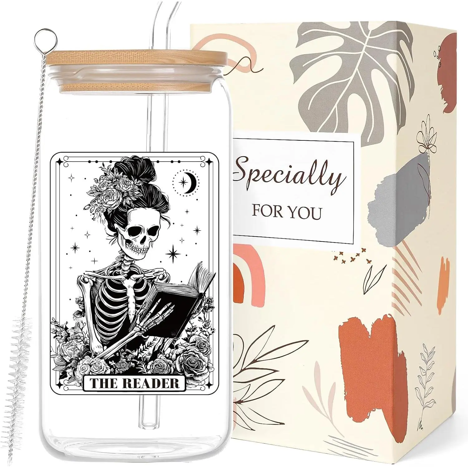 Book Lovers Glass Cup Gifts for Women Girls, 16 Oz the Reader Theme Glass Cup with  Straw Gifts for Reader, Gothic Skeleton Halloween Tumbler Book Club Present