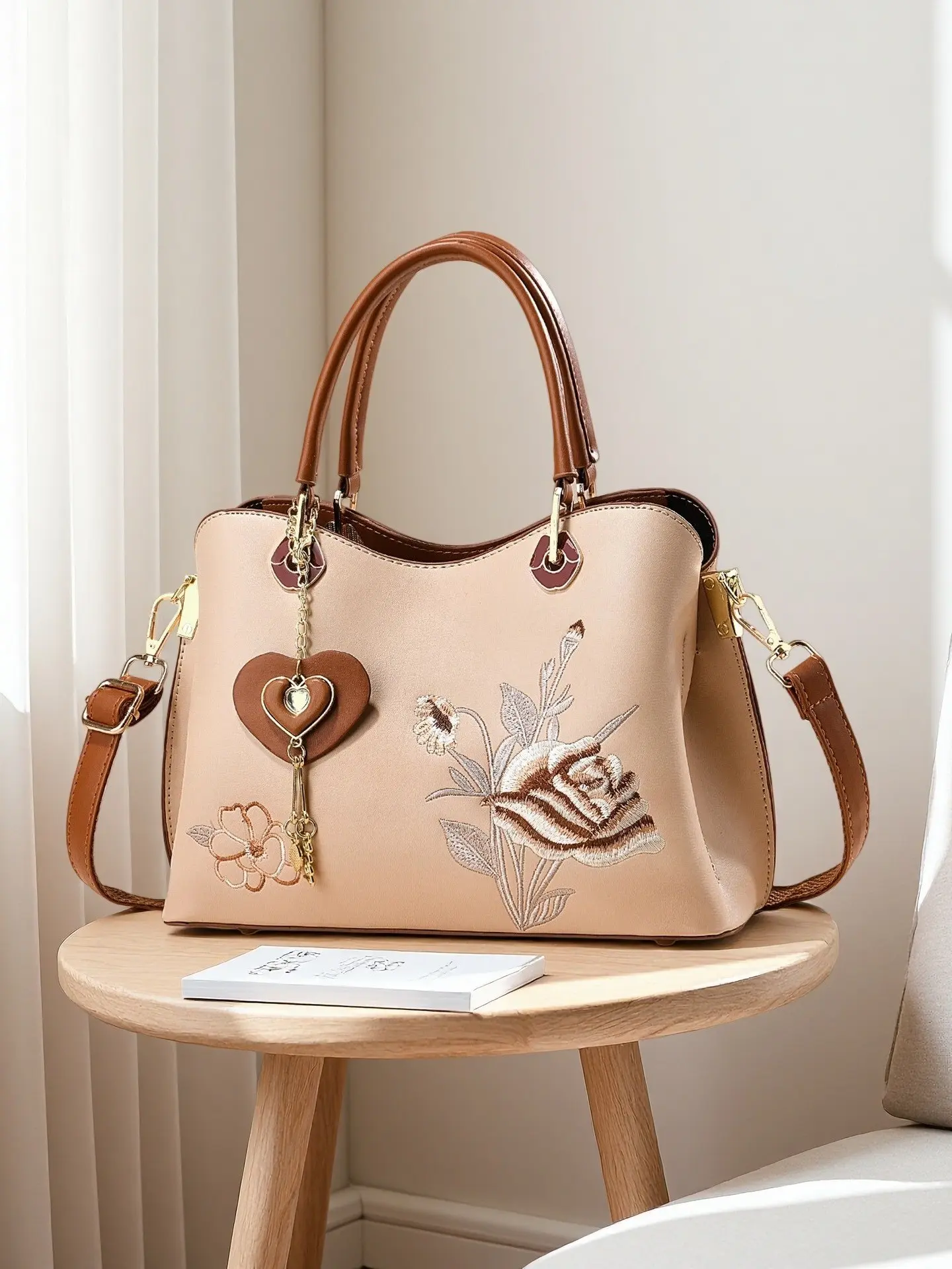 Women's Satchel Bag, Floral Embroidery Handbag, Large Capacity, Silk Scarf Decoration, Casual Style, All Seasons Use