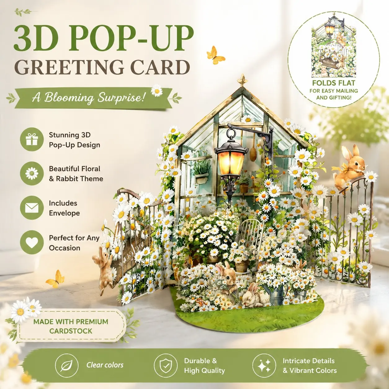 3D Garden Greenhouse Rabbit Card with Envelope and Note Card, Cute Spring Floral Card, Ideal for Mother's Day, Birthday, Thank You Gifts