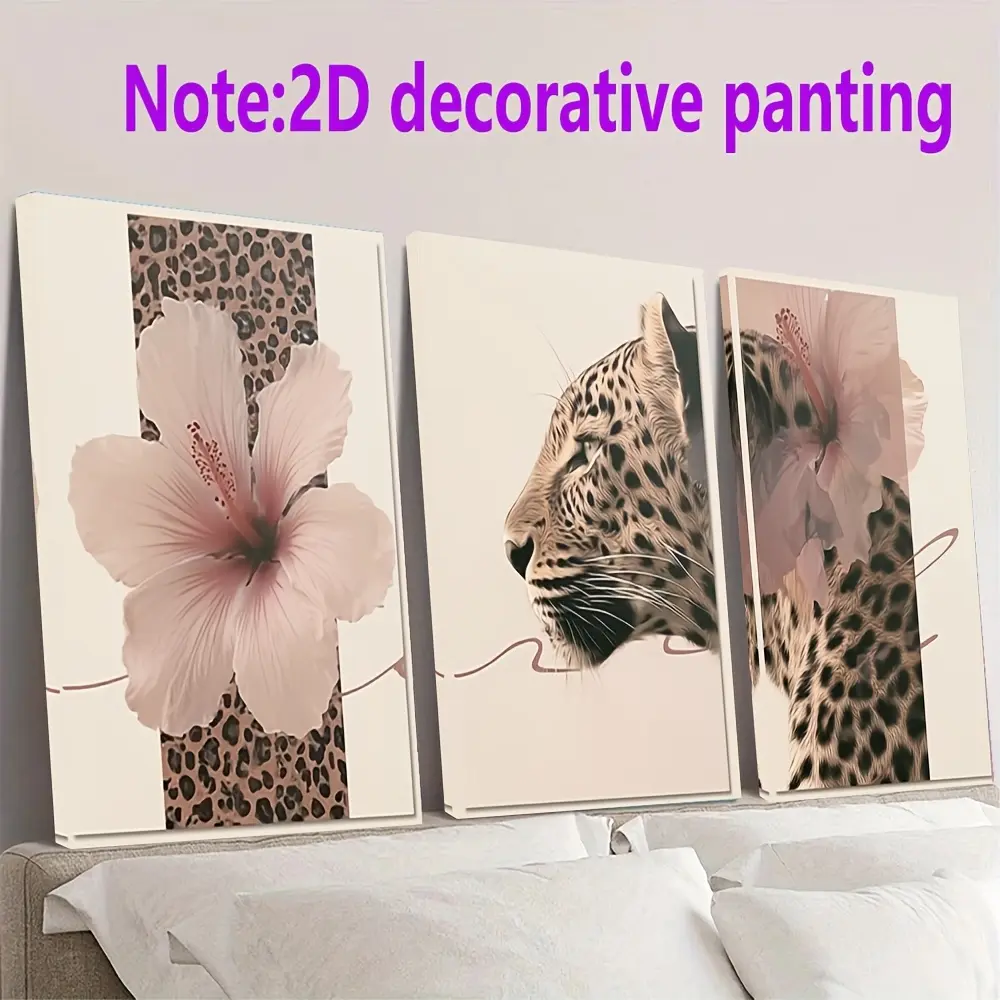 2D flat posters and paintings 2D flat 2D flat Tri-fold canvas wall art Cat, Leopard and Hibiscus Creative and stylish tri-fold canvas painting Home decoration Canvas picture frame Interesting fabric painting Trendy wall decoration (3-piece set)