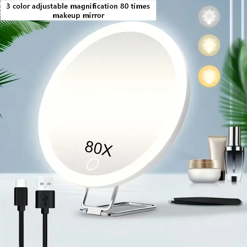 80x LED Makeup Mirror with Suction Cups, Adjustable Light, Stand & Tweezer, Wall-Mountable, Portable, Ideal for Gifts
