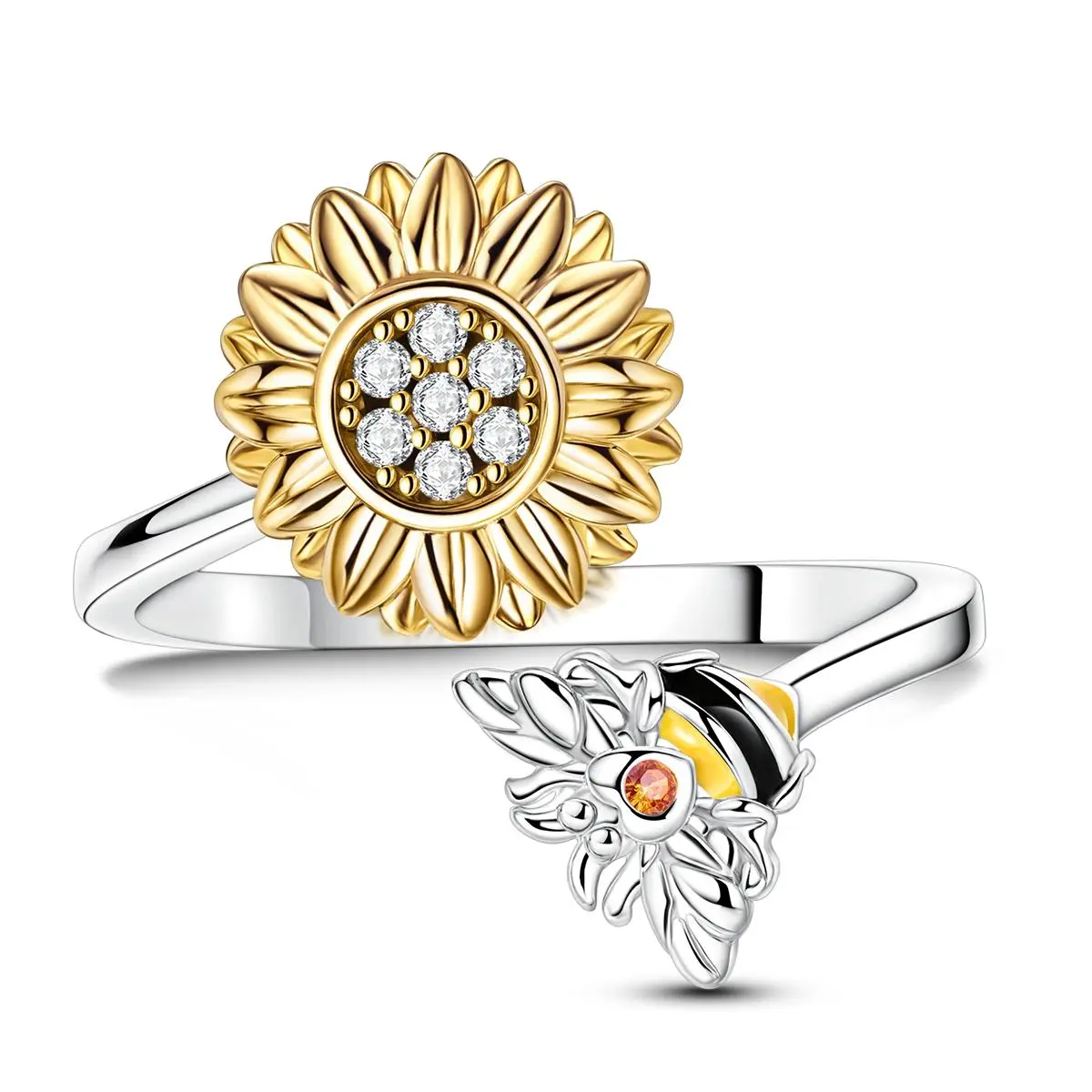 NARMO Sterling Silver Sunflower Spinner Ring for Women, Adjustable Bee Fidget Ring with Two-Tone Gold Plated CZ, Nature-Inspired Stress Relief Jewelry Gift