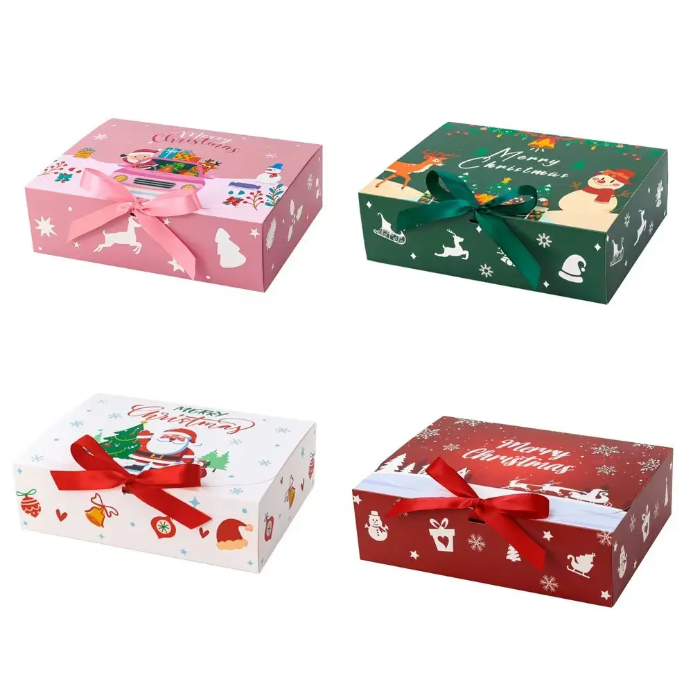 12pcs Christmas Gift Boxes with Ribbons, Foldable Paper Present Packaging Boxes, 4 Festive Designs (Santa, Snowman, Reindeer) for Holiday Party Favors, Cookies, Candies & Treats