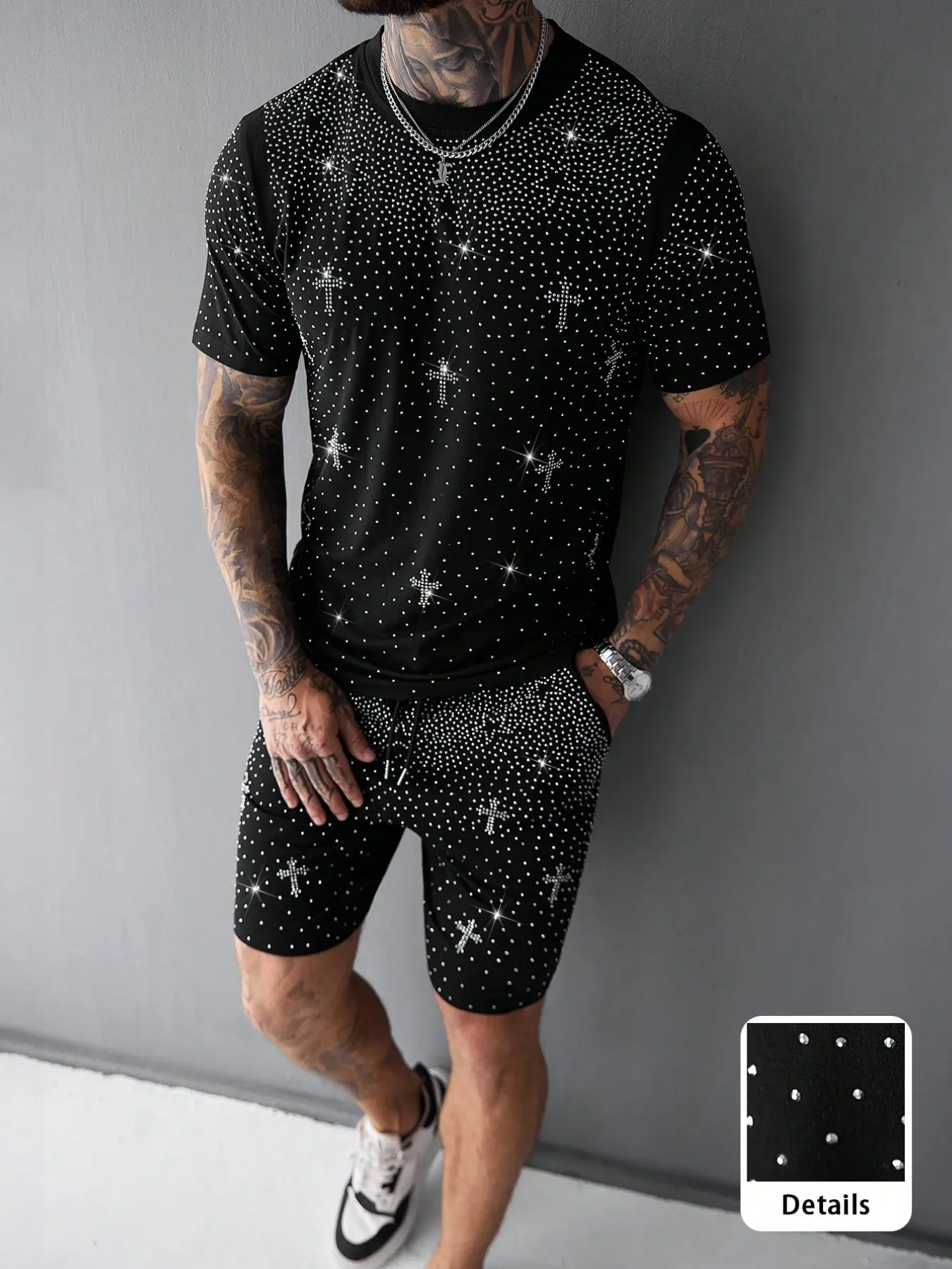 Starry Cross Rhinestone Set, Dark Gothic Street Hip-Hop T-Shirt Shorts Set, Unisex Fashion, Perfect for Casual Wear