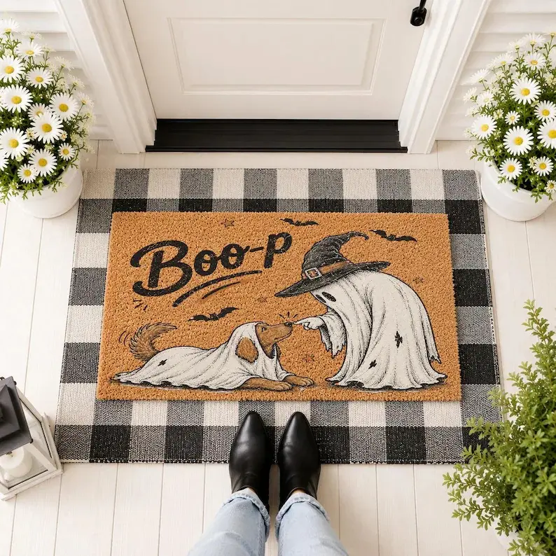 Boo‑p Funny Ghost & Dog Diatomaceous Earth Welcome Doormat, Cute Spooky Season Pet‑Lovers Floor Rug, Non‑Slip Absorbent Indoor‑Outdoor Entry Mat, Ghost Witch Dog Halloween Decorative Mat for Porch Yard Home Fall Decoration