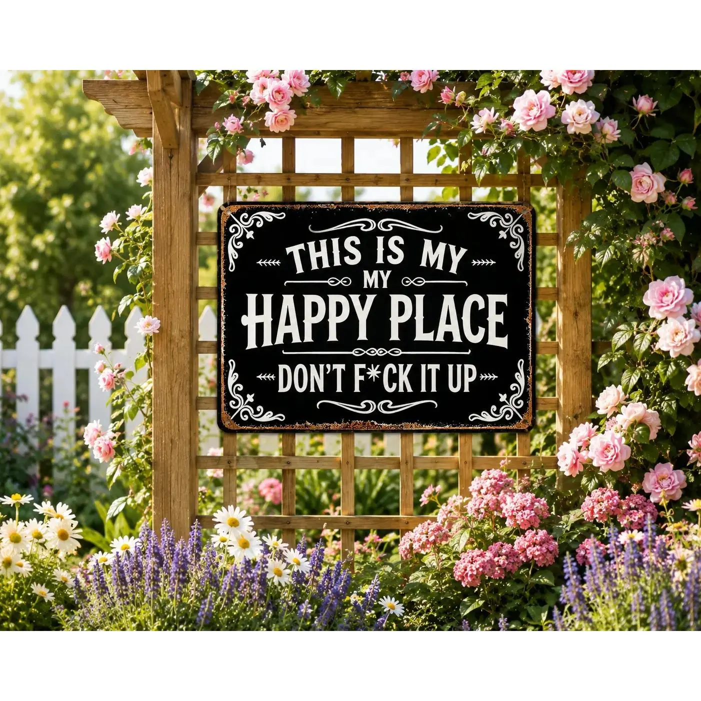 signs,warning,private,solicit,decorative,Funny Vintage Metal tin Sign 8x12 Inches, This Is My Happy Place Don't F*ck It Up Wall Decor, Bedroom Decor, House Decor, Whimsical Home Decor, Retro Poster for Living Room Garage Bar Patio sign vintage