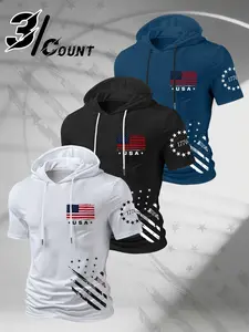 3 Pack Men Slim Fit Hooded Short Sleeve T Shirts Vintage Distressed USA Flag 1776 13 Star Patriotic Graphic Breathable Quick Dry Athletic Gym Training Workout Tops fitness athletic streetwear Multipack