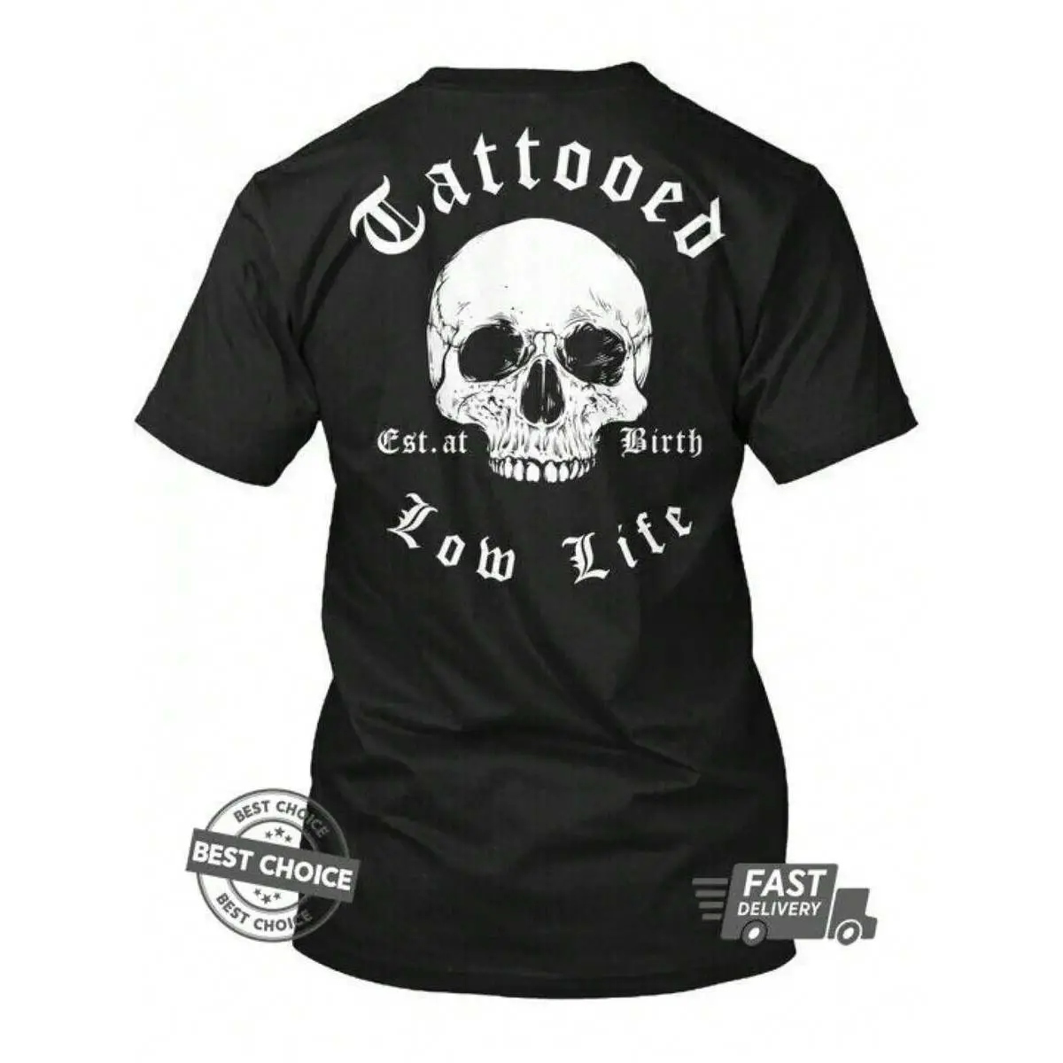 Design T-Shirt, Men's Tattooed Low Life Est. At Birth Gothic Lettering & Tattoo Design T-Shirt - Heavyweight 100%, S-5XL Sizes, Black With White Skull & Tattoo Art, Casual Round Neck Tee For Biker, Punk & Casual Attire