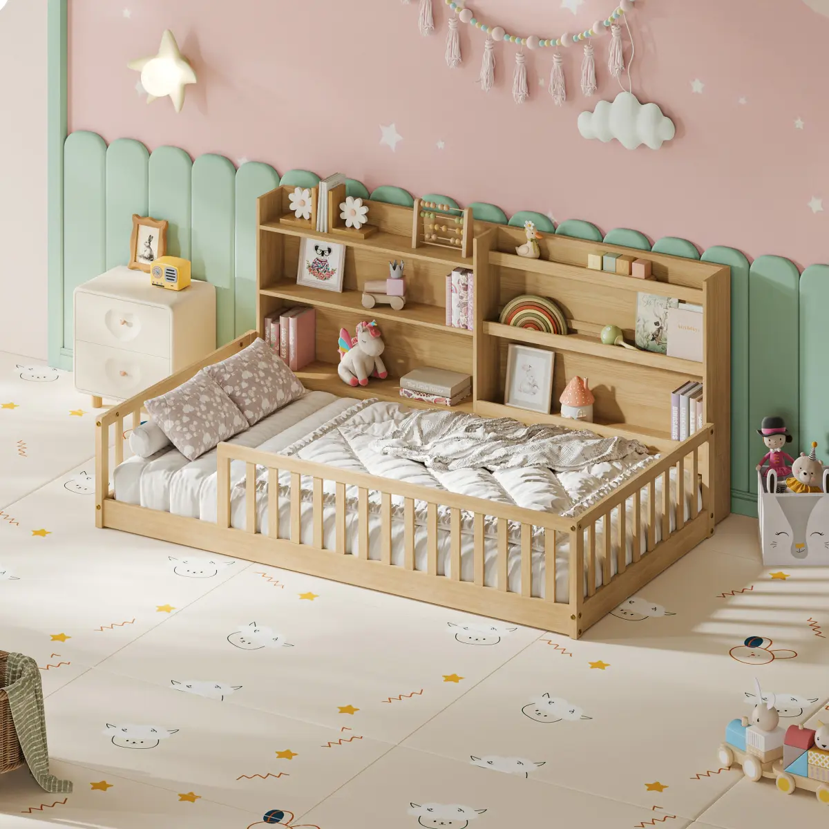 [Bellemave] Twin Montessori Floor Bed - Low-to-Ground Design with Integrated Bookshelf, Safety Rails, and Wide Entrance