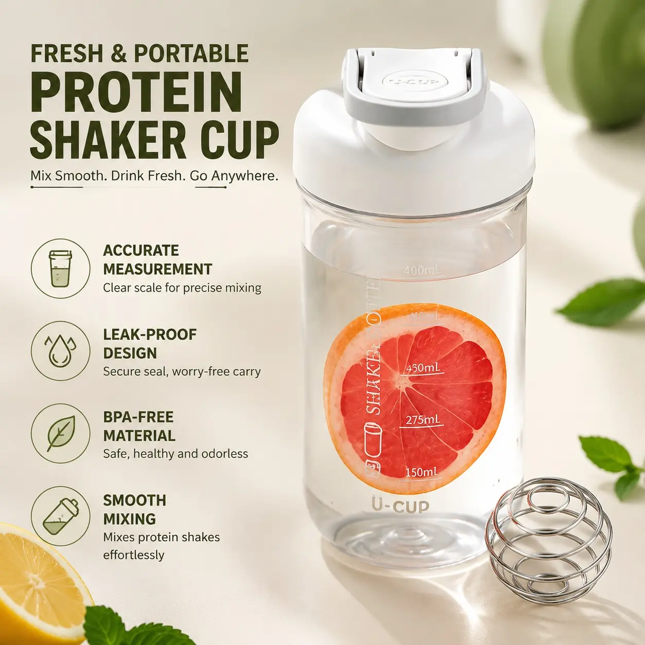 Portable Protein Powder Shaker Cup with Measuring Scale, Leakproof Water Bottle, Fitness Smoothie Mixer with Free Shaker Ball, Gym Bottle Water