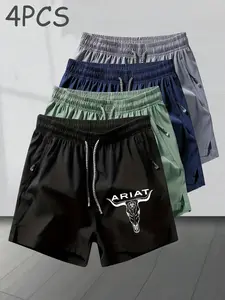 4-Pack Western Cowboy Shorts, Vintage Bull Logo Print, Quick-Dry Ariat Shorts, Unisex Slim Fit, All-Season Wear, Western Culture Lovers