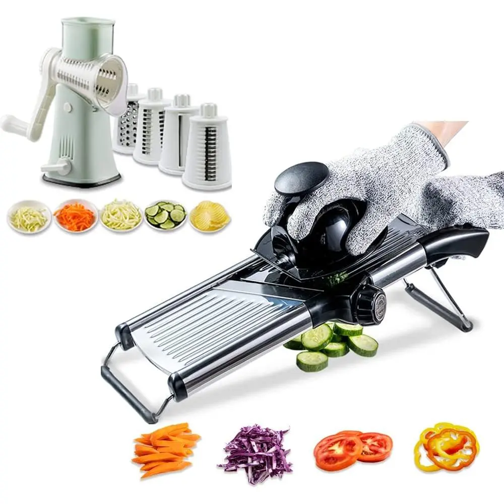 5 in 1 Rotary Cheese Grater and Stainless Steel Madoline Slicer