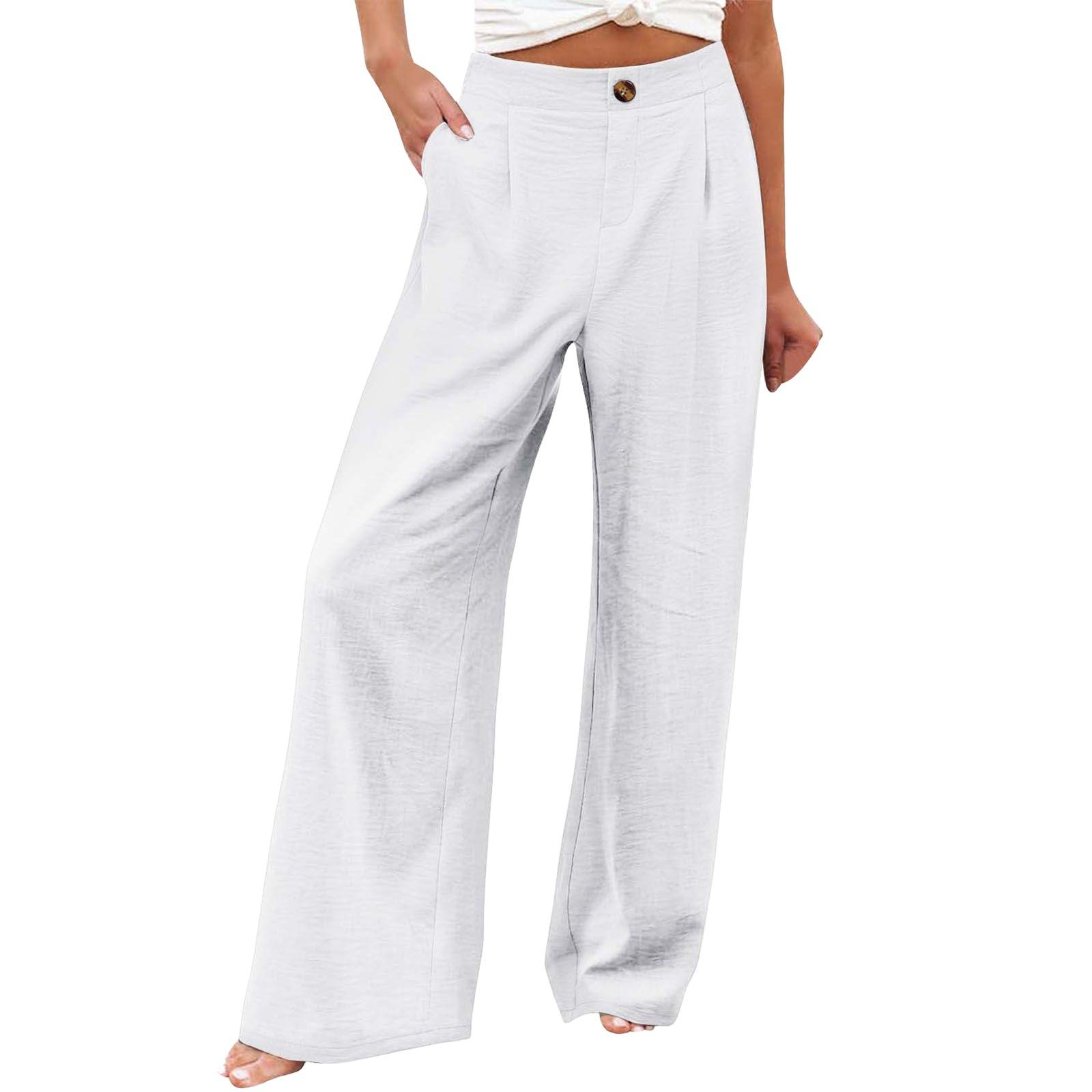 Women's Commuting and Vacation Summer Comfortable High-Waisted Long Pants with Buttons, Elastic Waist, Wide-Leg Casual Straight Pants