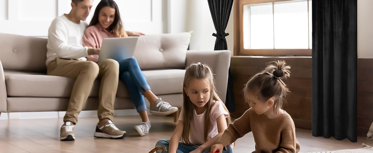 Blcak Velvet Curtains for Living Room - 96 Inches Long Thermal Insualted Room Darkening Window Blackout Drapes for Bedroom/Movie/Background, Set of 2 Panels with Tiebacks, 52 x 96 inches