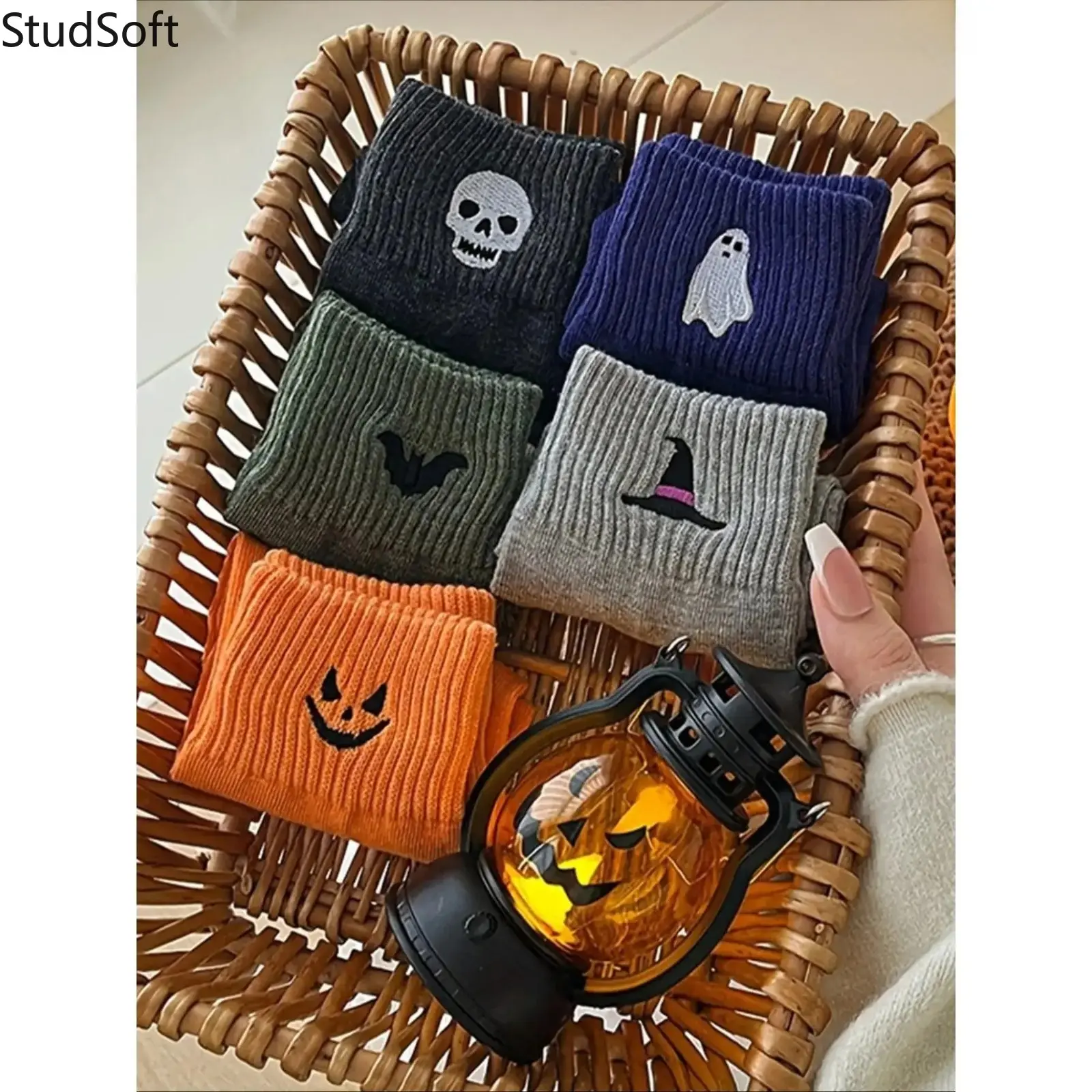 5 Pairs Cute Halloween Socks for Women Cozy Pumpkin Ghost Cartoon Novelty Crew Set Soft Stretch Knit Warm Fall Winter Mid Calf Daily Hosiery Gift