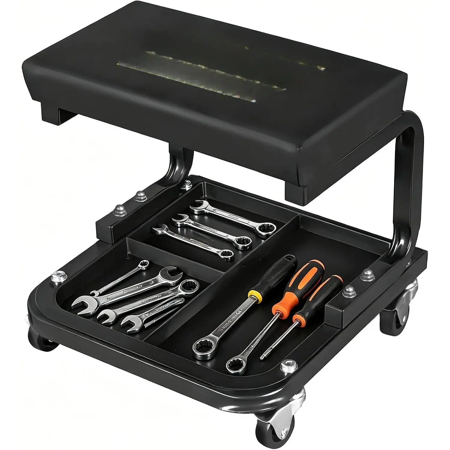 Mechanic Rolling Stool 250 Lbs Capacity, Garage Stool  Wheels with Tool Tray Storage, Work Stools with Wheels for Garage, Shop, Mechanic Chair with Wheels, Auto Repair