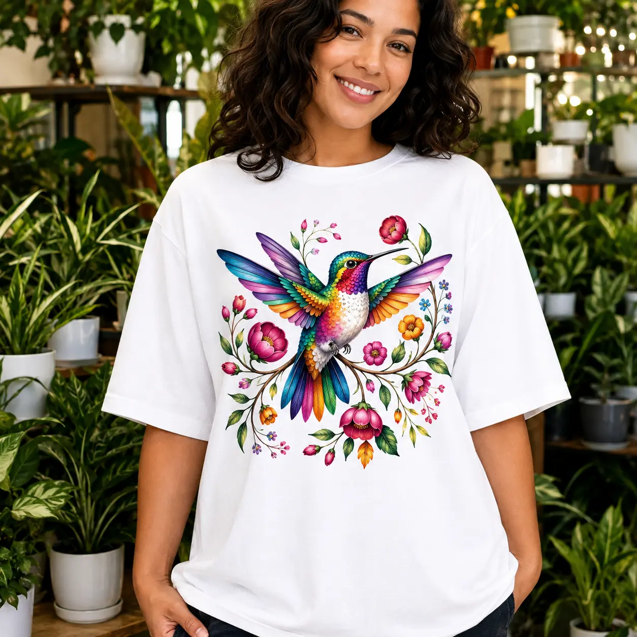 Watercolor Hummingbird Floral Graphic Tee Women  Botanical Bird Shirt