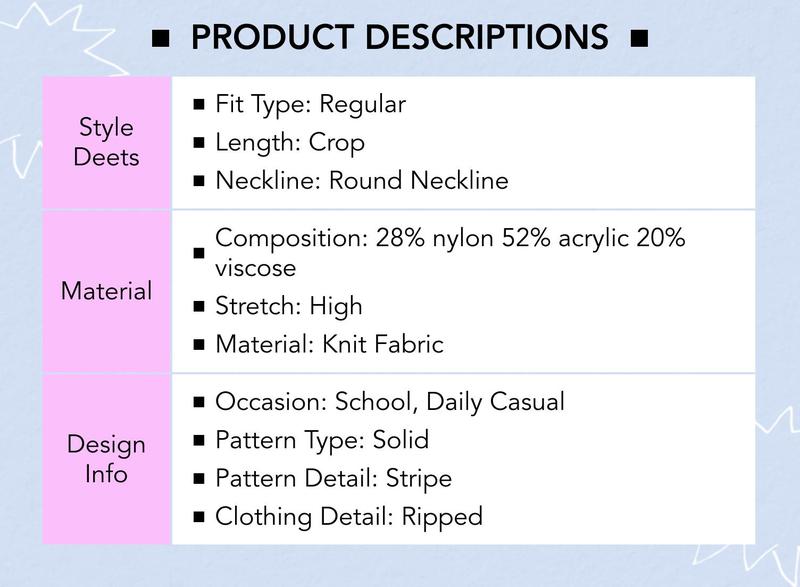 Cider [size 2-10] Round Neck Striped Ripped Knit Long Sleeve Crop Sweater