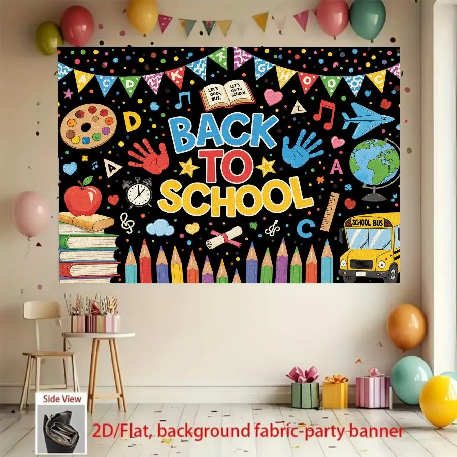 1pc back to school season themed background banner, stationery, books, school bus printed decorative wall cloth, suitable for photo backgrounds, campus activities, teaching scenes, and themed party wall decoration, made of polyester material