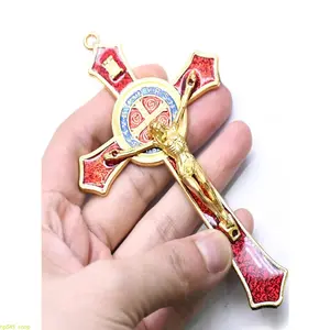 Catholic Saint Benedict Red Enamel Wall Crucifix Cross Charm - 4.7x2.7in San Benito Medalla Hanging Ornament, Protective Decorative Religious Gift, Classic Prayer Home Wall Display Accessory