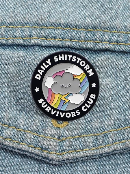 Rainbow Cloud Badge DAILY SHITSTORM SURVIVORS CLUB, Dark Humor Lightning Rainbow Design, Stress Relief Gift for Office Workers