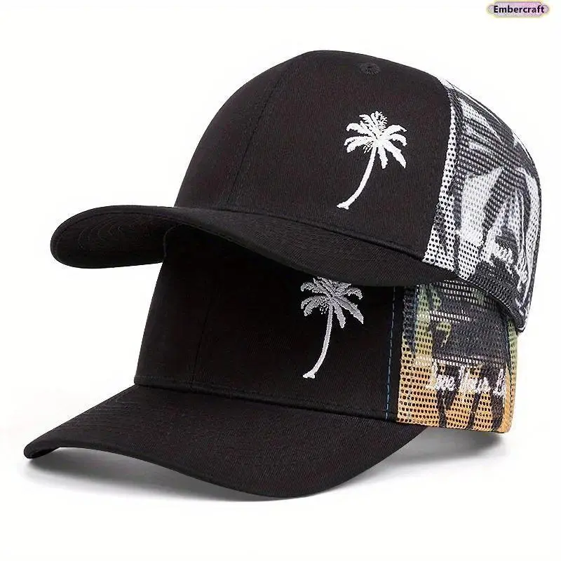 Unisex Coconut Embroidered Trucker Hat - Cotton Mesh Sun Protective Cap for Summer Outdoor Wear, Adjustable