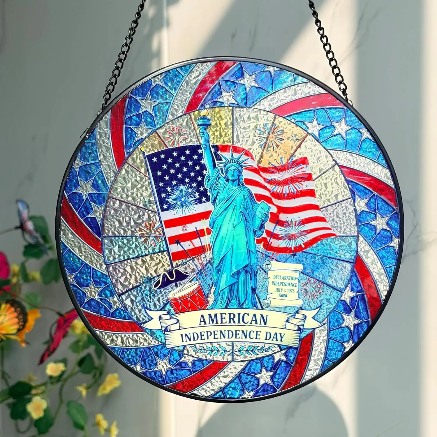 8 Inch Stained Glass Window , Sun Catcher with Metal Chain and Hooks, Decorative Stained Glass Panel for Garden & Patio (Independence Day)