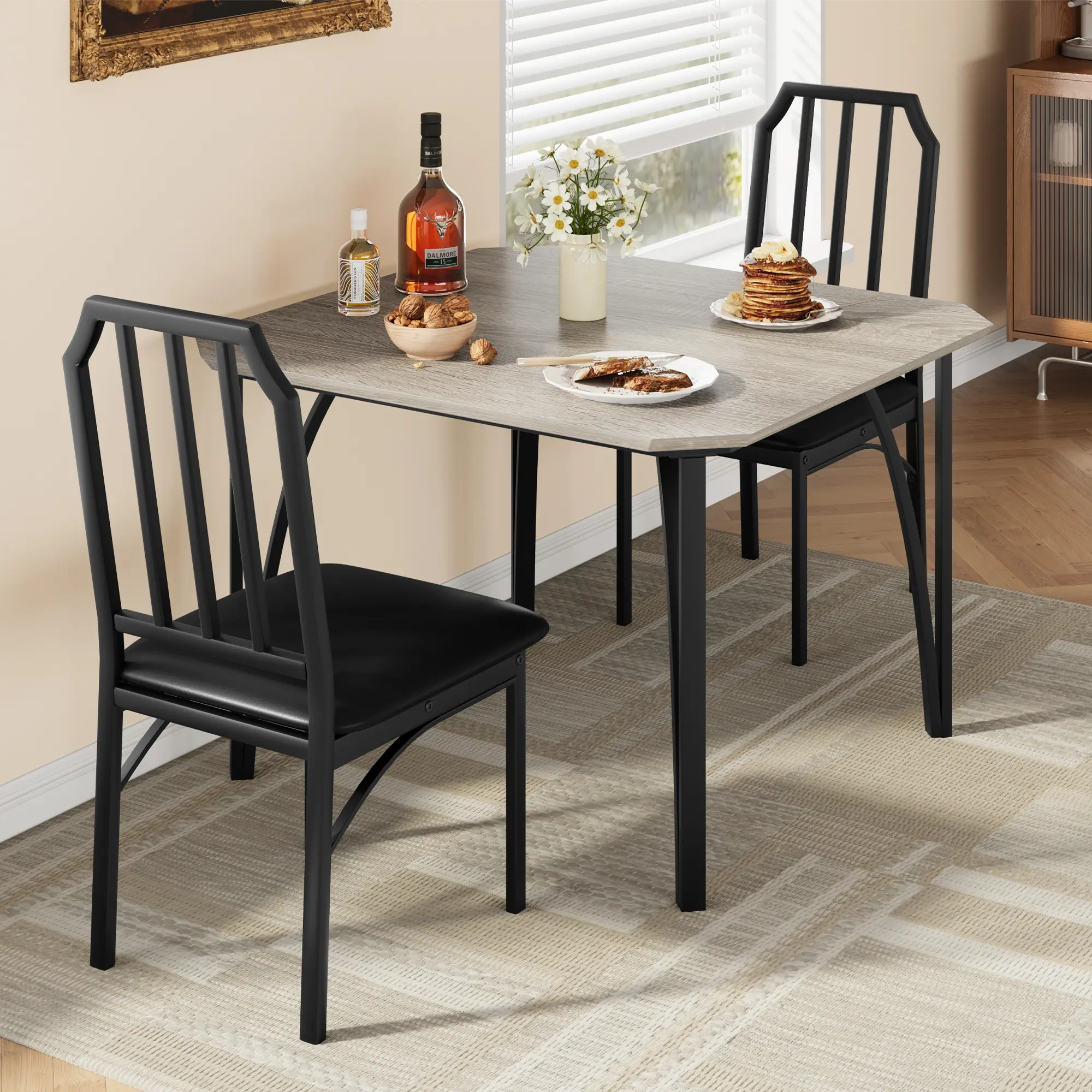 5-Piece Space Saving Rectangular Wood Metal Dining Set for 4, Rustic Chamfer Edge Table with Cushioned Chairs, Compact Kitchen Dining Furniture in Brown Grey for Small Apartments