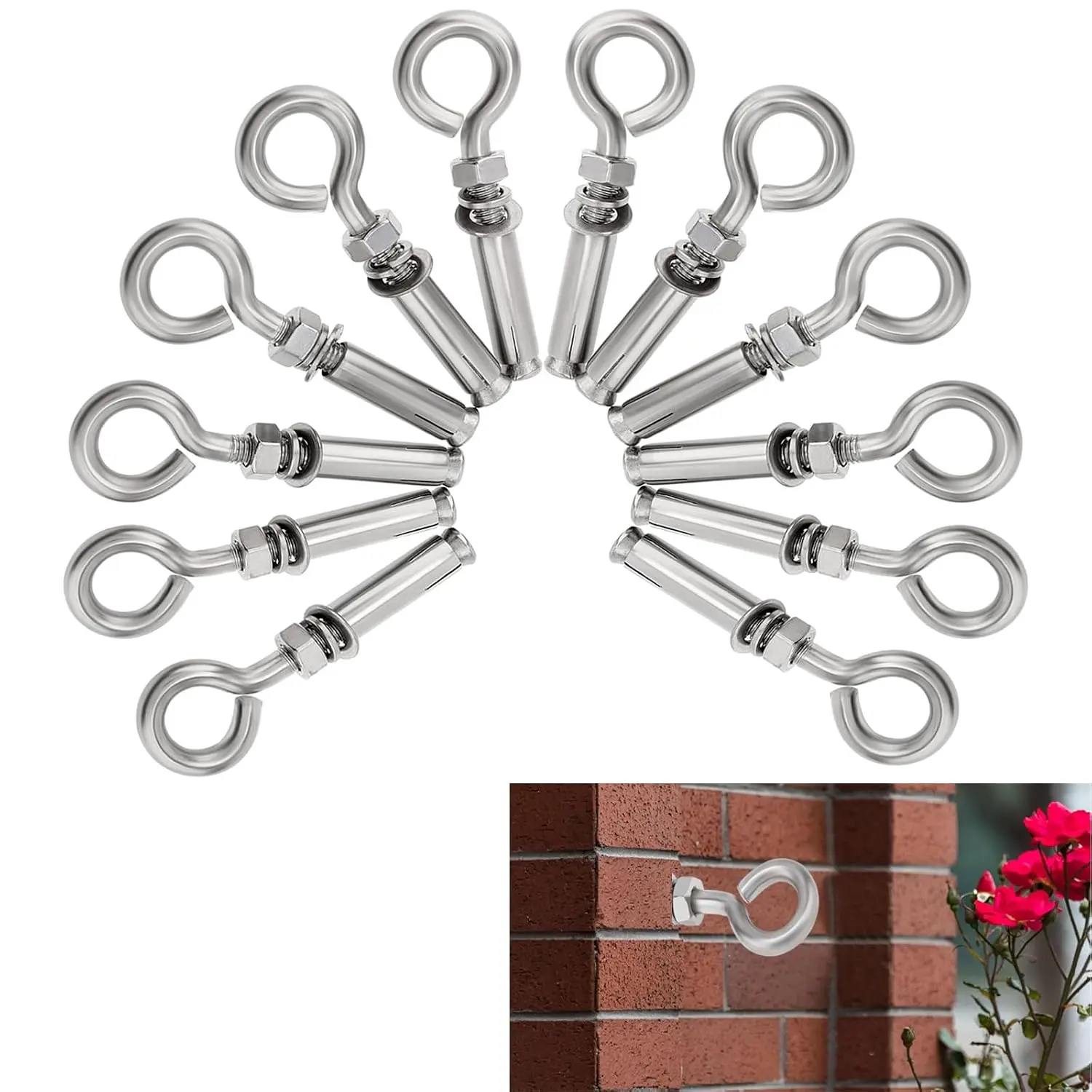 Concrete Eye  12 count, M6 Eyebolt  Stainless Steel Concrete Anchor Eyebolt Screw Hooks, Heavy Duty Brick Anchors Eyebolts Expansion Screw Lifting Ring Bolt Fastener 1/4inch for Concrate Wall