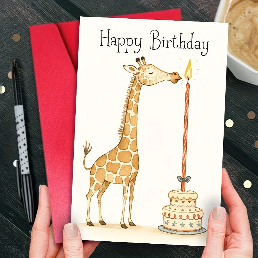 Adorable Giraffe Birthday Card with Cake and Candles, Happy Birthday Greeting Card, Blank Inside, Includes Envelope, Perfect Gift