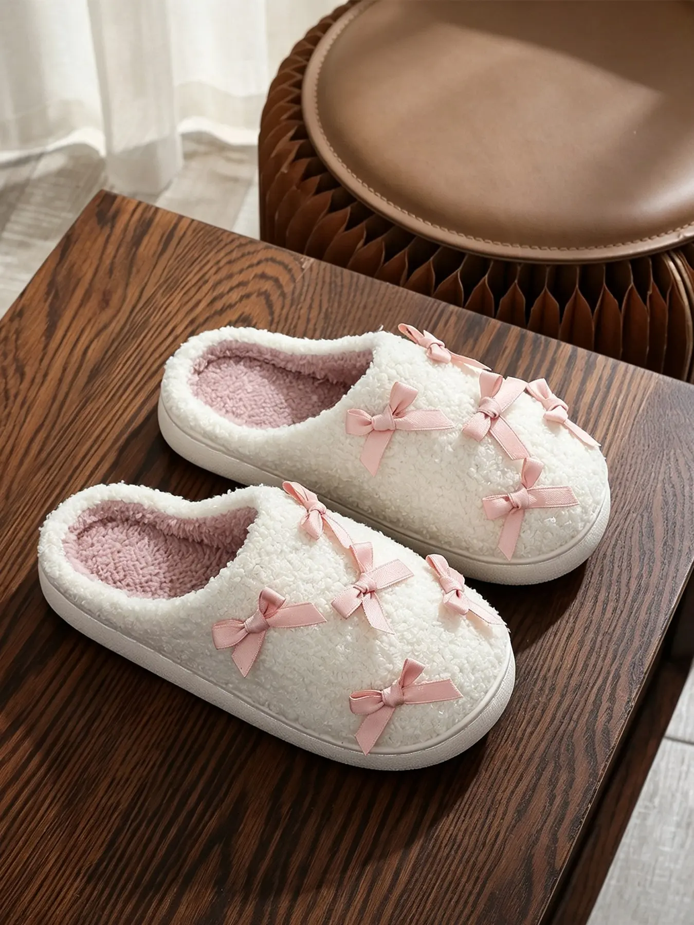 Women's Velvet Bow Cotton Slippers, Thickened Warm Home Shoes for Fall & Winter, Soft Cushioned Comfort, Perfect for Bedroom Relaxation