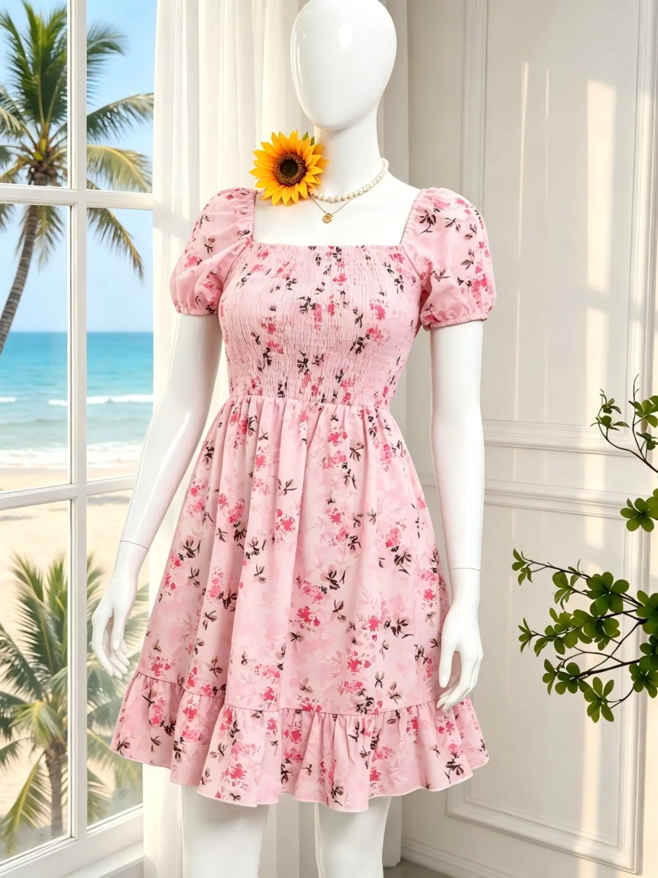 Summer Short Sleeve Women's Printed Square Neck Ruffle Dress, Elegant Office Style, Bubble Sleeves, Casual Vacation Wear, Casual Beach Sundress, Daily Home Use