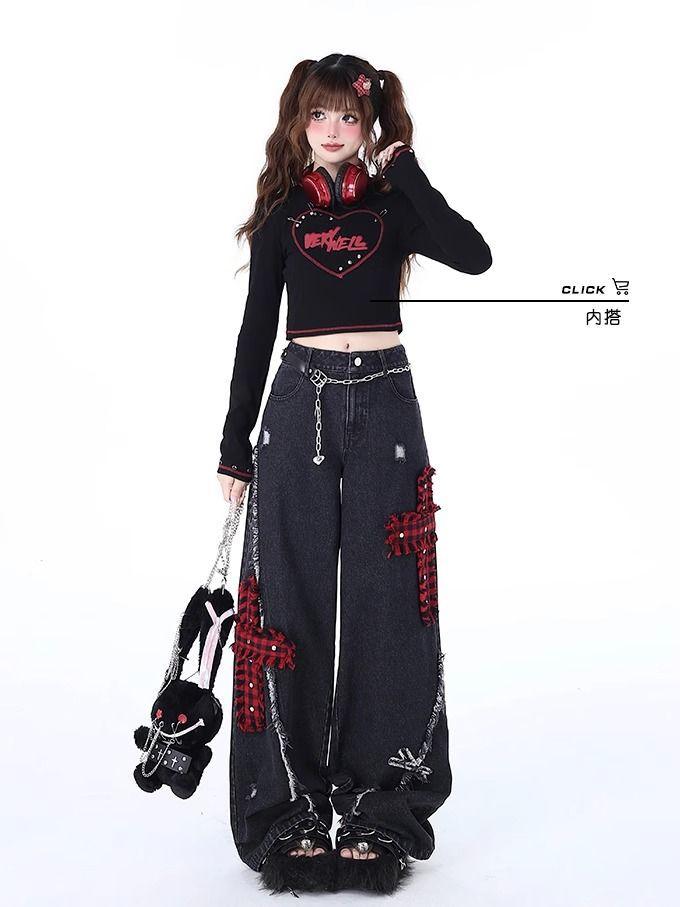 Women's Rock Punk Ripped Jeans, Spring New High-Waist Wide-Leg Pants, Loose Embroidered Floor-Length Denim, Drapey Casual Bottoms